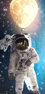 Astronaut holding a moon balloon in space with stars.