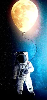 Astronaut holding a moon balloon against a starry sky.