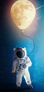 Astronaut holding a moon balloon against starry sky.