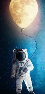 Astronaut floating with moon-shaped balloon in a starry sky.