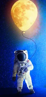 Astronaut holding a moon balloon in space.