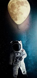 Astronaut floating with a moon-shaped balloon in space.