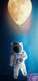 Astronaut holding a moon balloon in space.