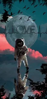 Astronaut standing under a full moon with fantasy themes and vivid sky.