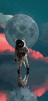 Astronaut standing in front of a full moon with a surreal reflection in water.