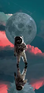 Astronaut walking on water with moonlit reflection amidst colorful clouds.