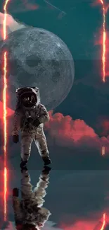 Astronaut in a fiery landscape with moon and reflections.