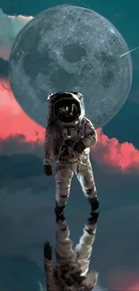 Astronaut standing with moon and reflection in dreamy sky wallpaper.