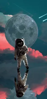 Astronaut reflects beneath a full moon on a teal background.