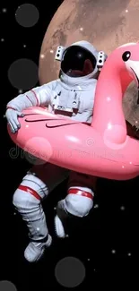 Astronaut holding a pink flamingo float in space with a planet background.