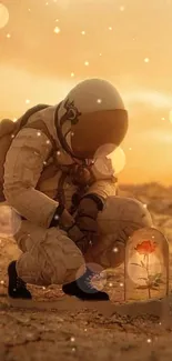 Astronaut kneeling before a rose under glowing light on an alien desert landscape.