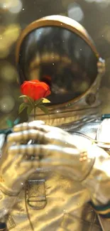 Astronaut in golden suit holding a red rose with blurred background.