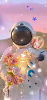 Astronaut holding roses and star lantern with pink sky.