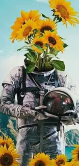 Surreal astronaut with sunflower head in a scenic landscape.