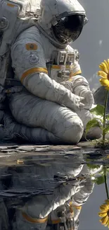 Astronaut kneeling with sunflower reflection.