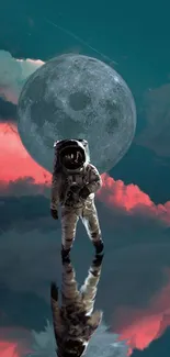 Astronaut with Moon and vibrant clouds in a surreal space scene.