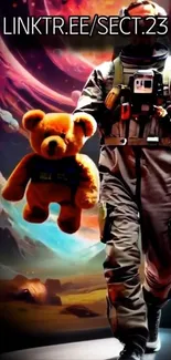 Astronaut holding a teddy bear in a colorful space setting.