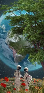 Astronauts exploring under a tree with Earth in the background.