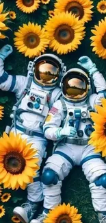 Astronauts in spacesuits surrounded by sunflowers on a mobile wallpaper.