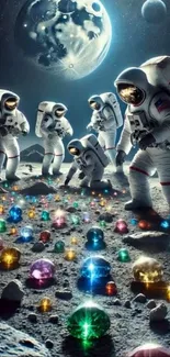 Astronauts on moon with colorful gems