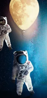 Astronauts floating near a luminous moon balloon in space art design.