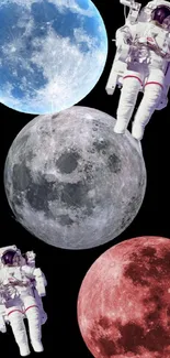 Astronauts floating near colorful moons on a black background.