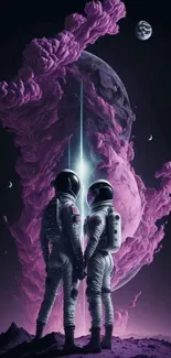 Astronauts in surreal purple cosmic landscape with celestial elements.