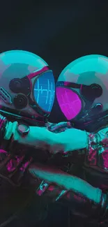 Two astronauts embrace, glowing in neon colors.