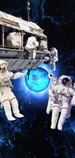 Astronauts floating in outer space with a cosmic background.