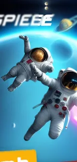 Two astronauts floating in space with planets and stars.