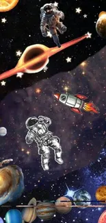 Mobile wallpaper featuring astronauts, planets, and a rocket in space.