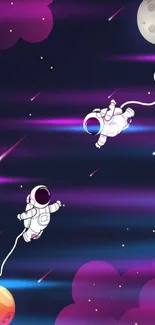 Cartoon astronauts exploring colorful cosmic space.