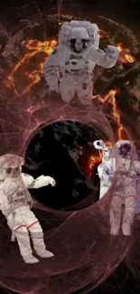 Astronauts floating near a cosmic vortex with fiery and starry background.