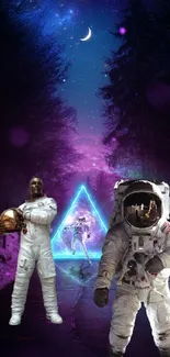 Astronauts exploring a neon-lit forest with a starry night sky.