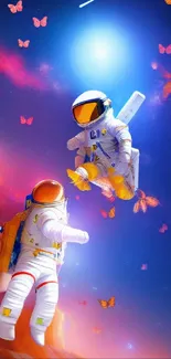 Astronauts floating in a sky filled with bright butterflies under a fantasy blue glow.