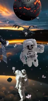 Astronauts float with butterflies and dragon in cosmic space scene.