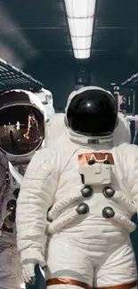 Two astronauts in a futuristic corridor, dark and intriguing design.