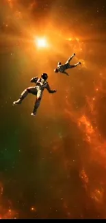 Astronauts float in a vivid orange nebula space scene.