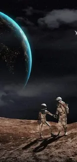 Astronauts on an alien landscape with Earth visible in the background at night.