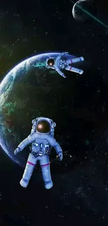 Two astronauts floating in space with Earth and planets in the background.