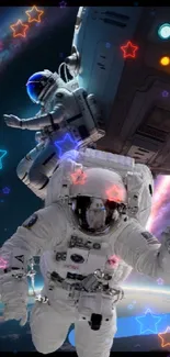 Astronauts floating in space with a spacecraft backdrop and galaxy view.