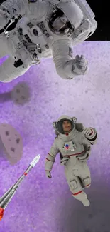 Two astronauts floating in a vibrant, dreamy purple space scene with rocket and asteroids.