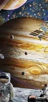 Astronauts and planets in a cosmic space scene with rockets and a space station.