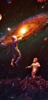 Astronauts floating in a colorful cosmic nebula with planets.