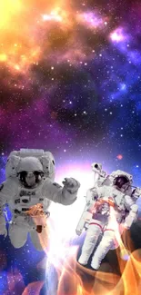 Astronauts floating in a colorful cosmic space view wallpaper.