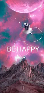 Astronauts float in a pink and teal surreal sky with 'Be Happy' text.