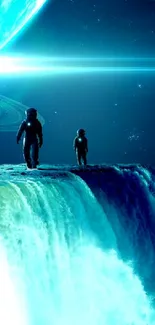 Astronauts walk on a cosmic waterfall in a sci-fi scene with planets.