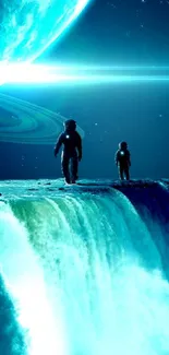 Astronauts exploring a cosmic waterfall in space.