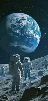 Astronauts on the moon with Earth in the background