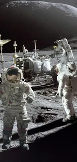 Astronauts exploring the moon with a rover against a lunar backdrop.